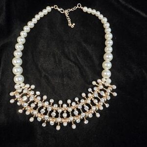 Elegant Pearl and Rhinestones on Gold Necklace and Earring Set